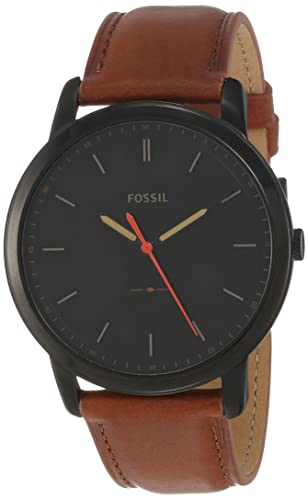 Fossil Men's The Minimalist Quartz Stainless Steel and Leather Three-Hand Watch, Color: Black, Luggage (Model: FS5305)