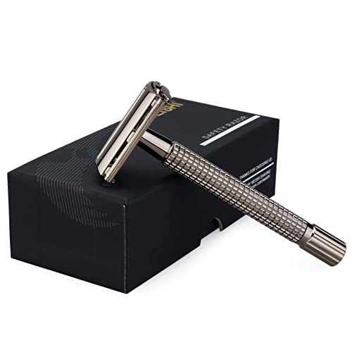 WEISHI Double Edge Safety Razor Nostalgic Long Handle Butterfly Open with 5 Stainless Steel Blades