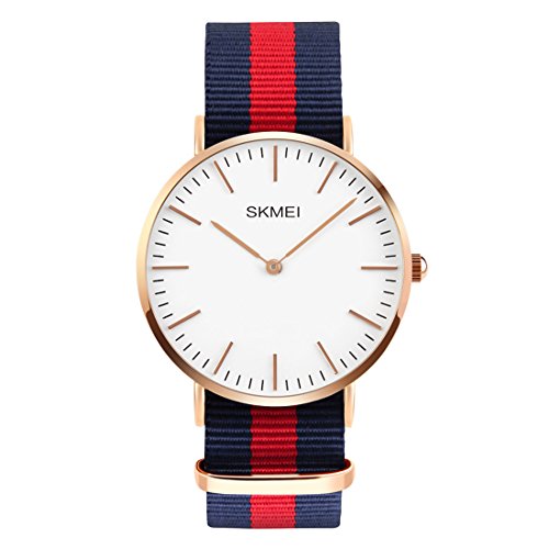 Men's Stainless Steel Classic Quartz Analog Business Wrist Watch with Thin Dial, Replaceable Red/Blue Striped Nylon Band