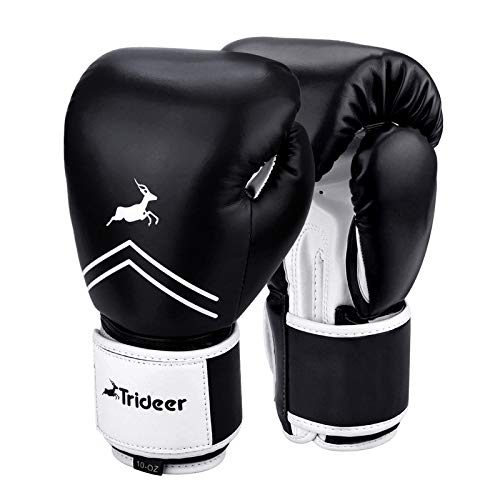 Trideer Pro Grade Boxing Gloves, Kickboxing Bagwork Gel Sparring Training Gloves, Muay Thai Style Punching Bag Mitts, Fight Gloves Men & Women (Black & White, 10 oz)