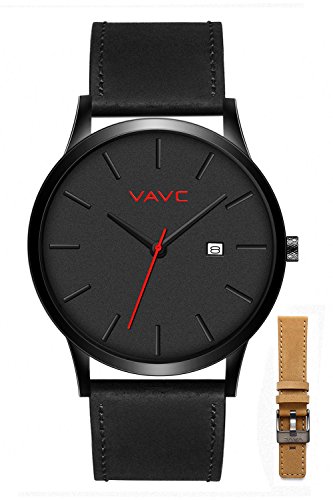 VAVC Men's Black Leather Band Causal Analog Dress Quartz Wrist Watch with Black Face and Simple Design