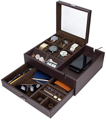 HOUNDSBAY Commander Dresser Valet Watch Box Case & Jewelry Box Organizer with Smartphone Charging Station