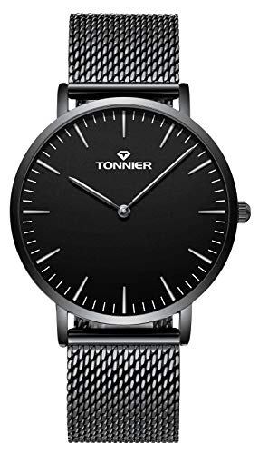 Tonnier Stainless Steel Slim Men Watch with Hollow Watch Hands Independent Second Hand Dial (A-Black)