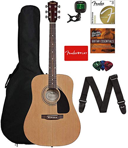 Fender 0950816021-COMBO-DLX Acoustic Guitar Bundle with Gig Bag, Tuner, Strings, Strap, Picks, Austin Bazaar Instructional DVD, and Polishing Cloth