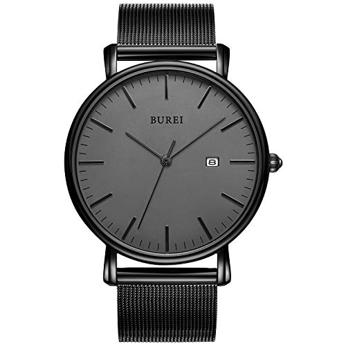 BUREI Mens Watches Ultra-Thin Fashion Minimalist Wrist Watch for Men Unisex with Black Mesh Band