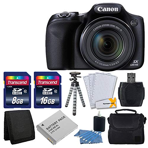 Canon PowerShot SX530 HS Digital Camera with 50x Optical Image Stabilized Zoom with 3-Inch LCD HD 1080p Video (Black)+ Extra Battery + 24GB Class 10 Card Complete Deluxe Accessory Bundle And Much More