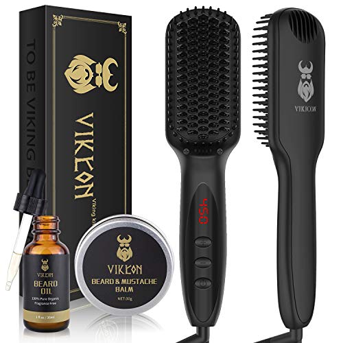 Beard Straightener w/FREE Beard Oil and Beard Balm - Anti-Scald/LCD Display