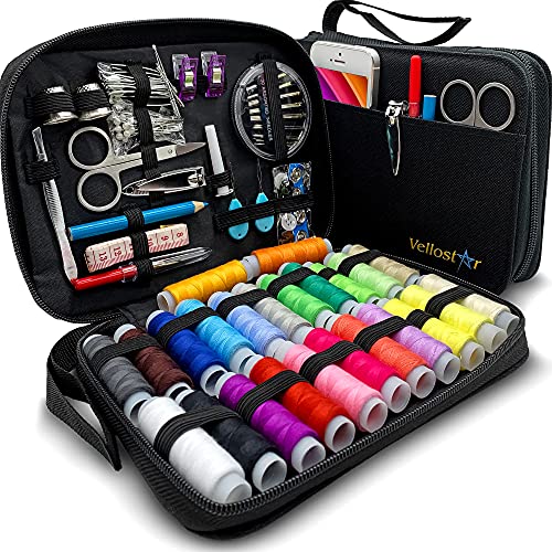 VelloStar Sewing KIT for Adults - Over 100 Easy to Use Sewing Supplies & 24-Color Threads, a Needle and Thread Kit for Small Fixes at Home & On The Go, Mini Travel Sewing Kit for Emergency Repairs