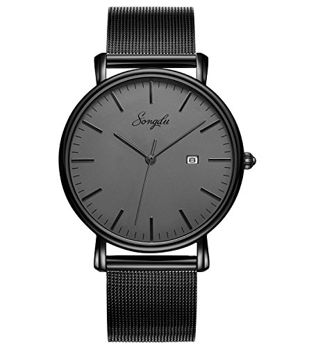 SONGDU Men's Fashion Date Slim Analog Quartz Watches Grey Dial with Stainless Steel Black Mesh Band