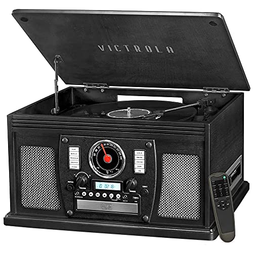 Victrola 8-in-1 Bluetooth Record Player & Multimedia Center, Built-in Stereo Speakers - Turntable, Wireless Music Streaming, Real Wood | Black