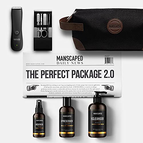 MANSCAPED Perfect Package 2.0 Kit: The Lawn Mower 2.0 Electric Groin Hair Trimmer, Ball Deodorant, Body Wash, Performance Spray-on-Body Toner, 4-Piece Luxury Nail Kit, Toiletry Bag, Shaving Mats