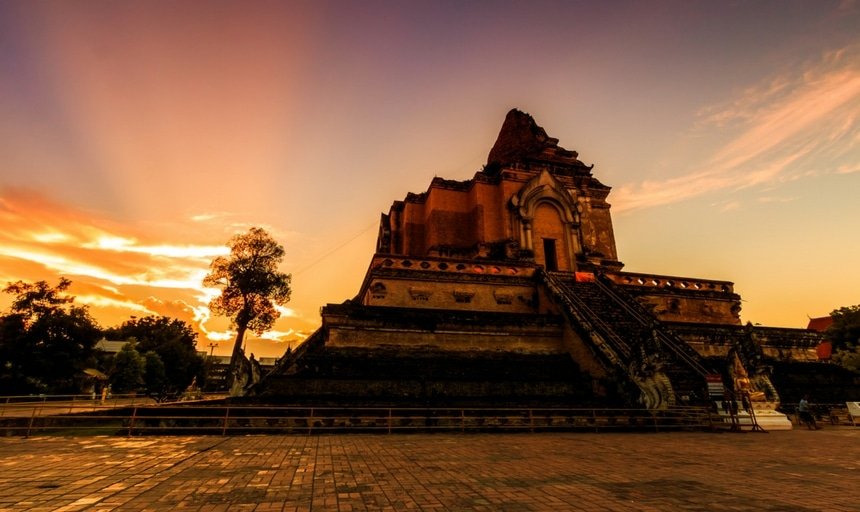 Ancient pagoda at Wat Chedi Luang temple in Chiang Mai, Thailand at night