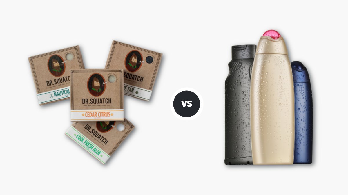 Bar soap vs body wash Dr Squatch Body Soap vs Generic Body Wash Bottles