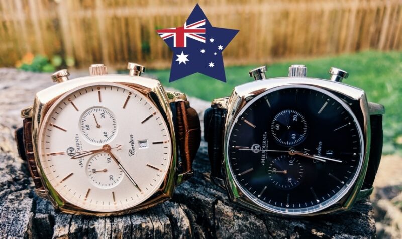 Best Australian Watch Brands: Two Melbourne Watch Company Carlton Models Sitting Next to Each Other On a Rock