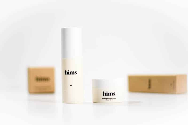 bottles of hims antiwrinkle serum and goodnight wrinkle cream against white background