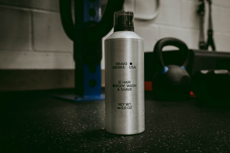 Bravo Sierra four in one cleanser next to workout equipment