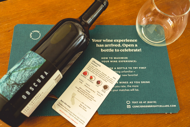 Bright Cellars wine bottle and fact card