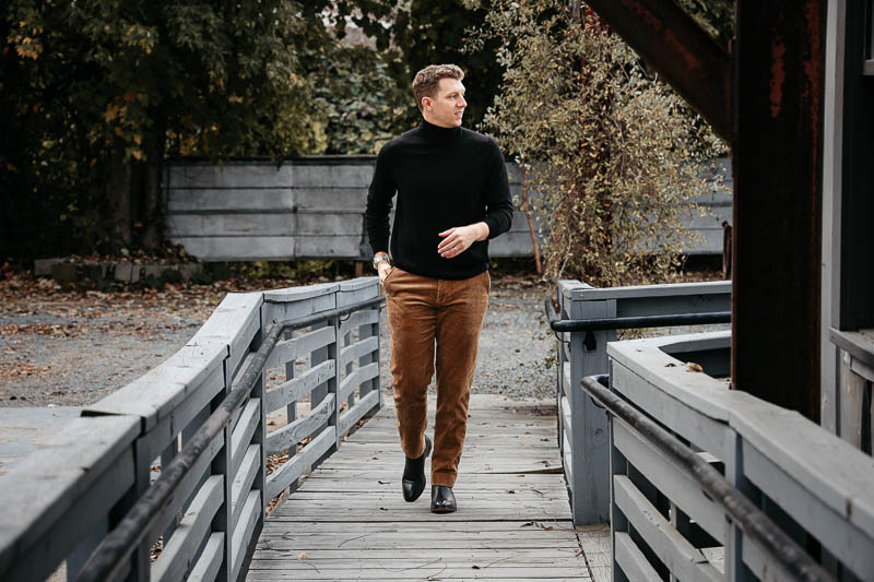 Brooks Brothers corduroy brown pants and black turtleneck