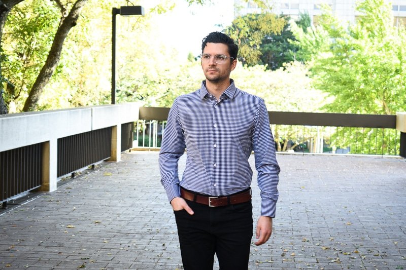 Business Casual for Men Model Wearing MizzenMain Kennedy Dress Shirt with Slacks