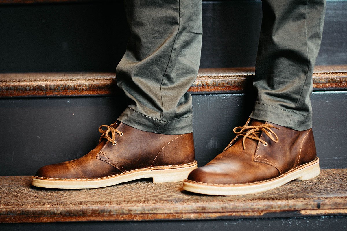 Clarks Desert Boot Review Model Wearing Clarks Desert Boots on Stairs