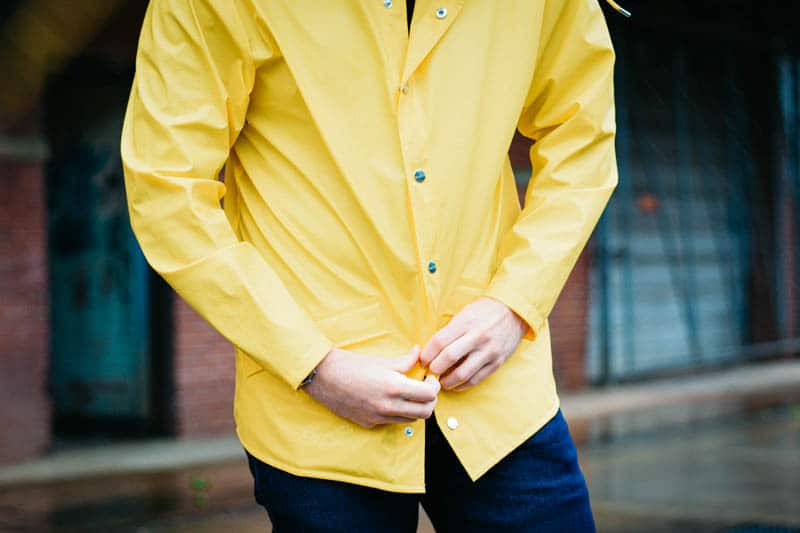 closeup of yellow rain jacket from rains