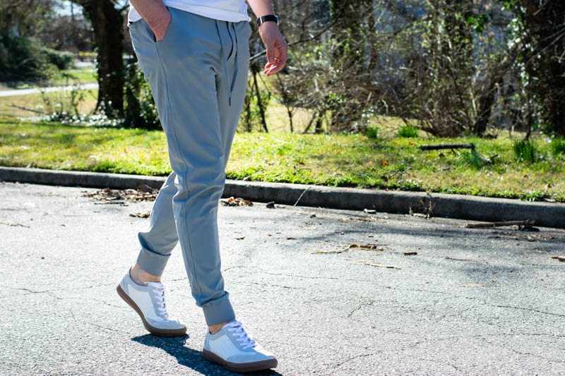 grey truwear joggers with white sneakers