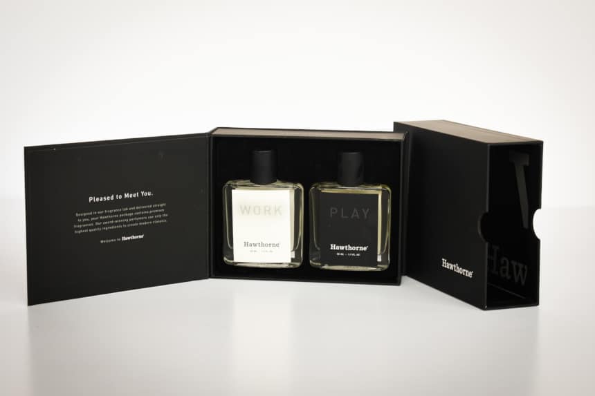 Hawthorne Fragrance Box Packaging Open Showing Work and Play Side by Side With Package in Background on Angle