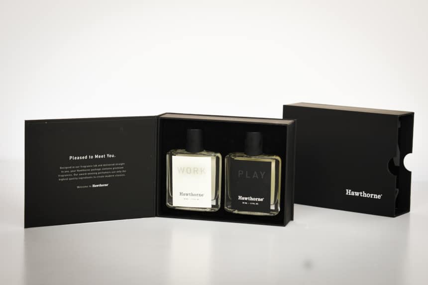 Hawthorne Fragrance Box Packaging Open Showing Work and Play Side by Side With Package in Background