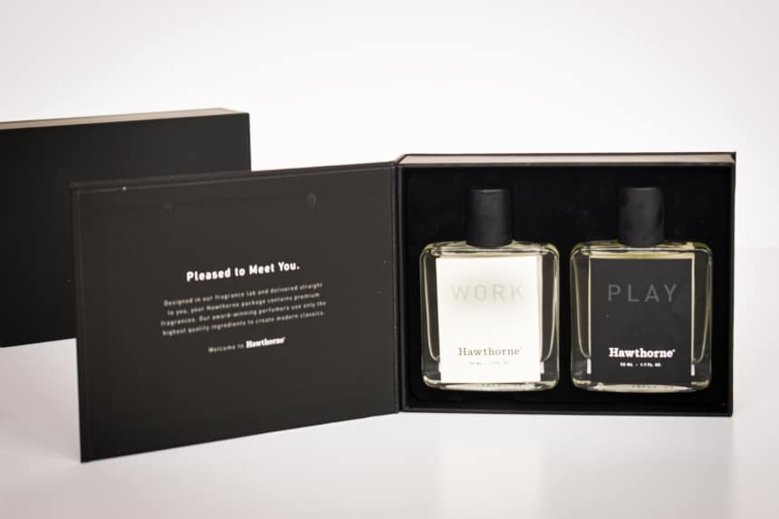 Hawthorne Fragrance Box Packaging Open Showing Work and Play Side by Side