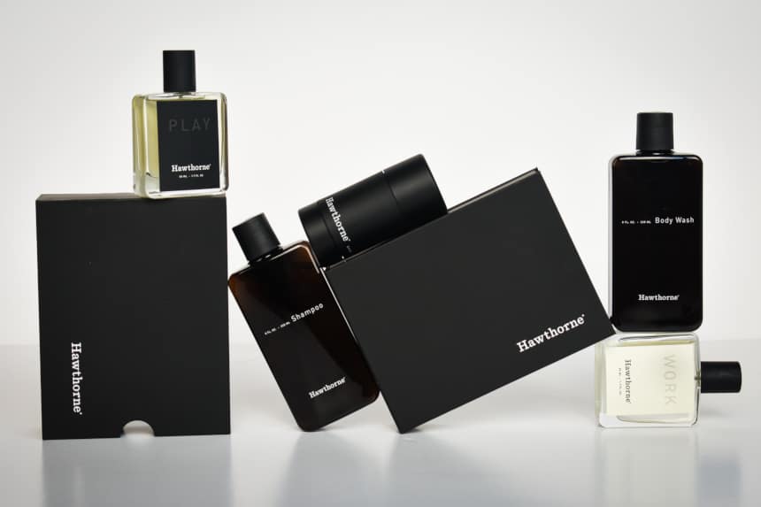 Hawthorne Fragrance Review: Entire Set of Fragrance, Body Wash, Shampoo, And Deodorant, And Packaging Stacked in Jigsaw on White Background Straight On