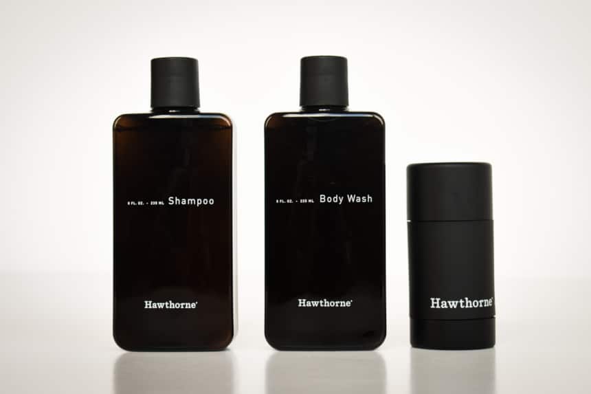 Hawthorne Shampoo, Body Wash, And Deodorant Front on White Background Product Shots