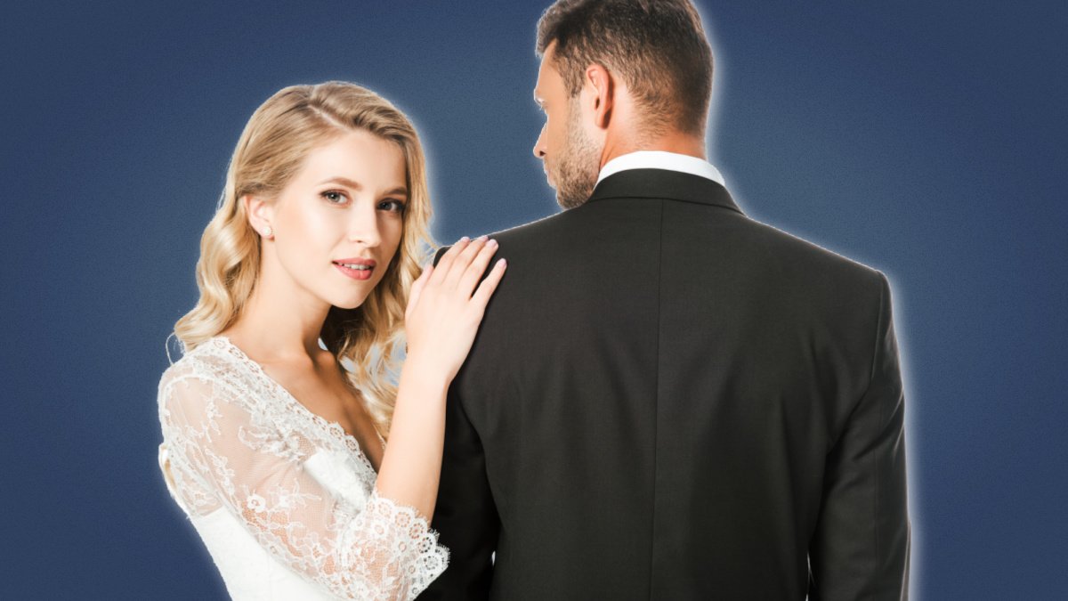 Hypergamy Attractive Bride in White Dress Holding Shoulder of Groom