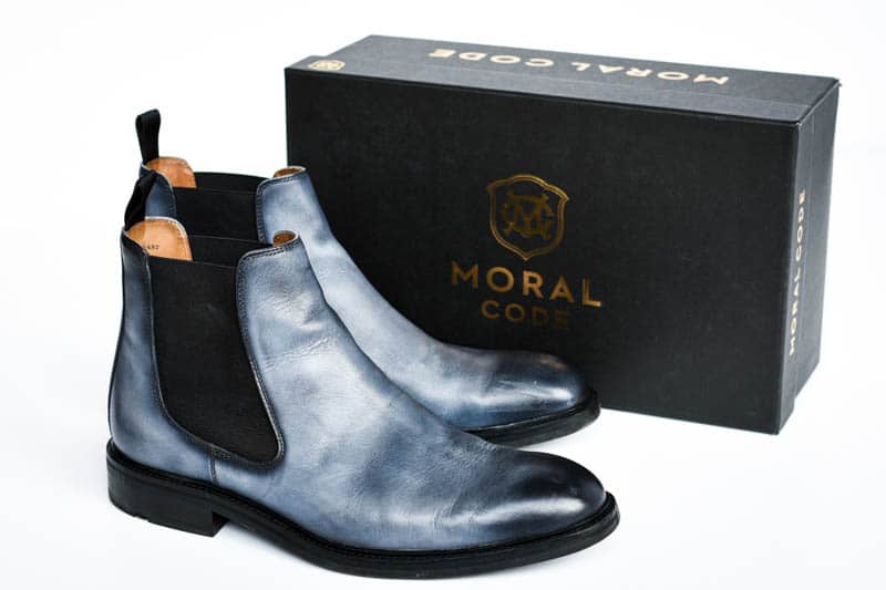 ice blue lawry chelsea boots from moral code with black shoebox