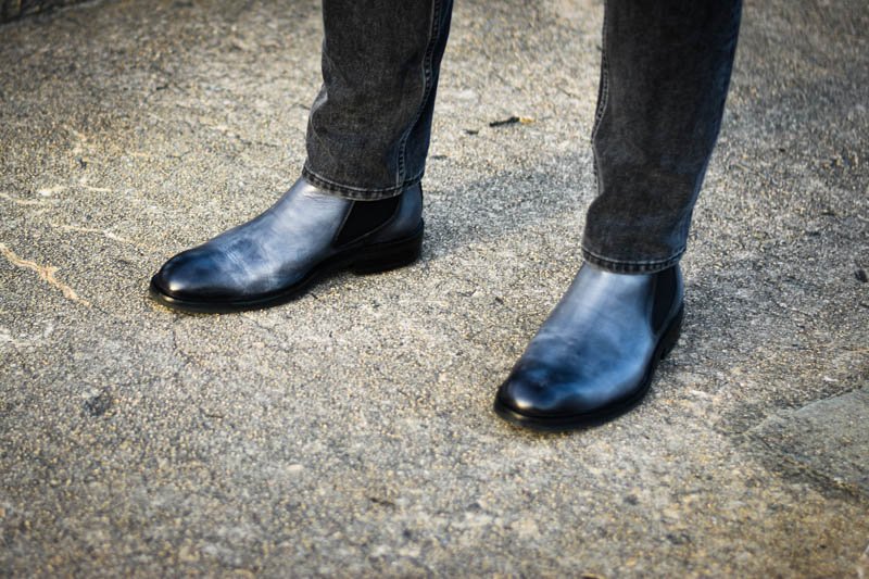 ice blue lawry chelsea boots moral code model wearing with charcoal jeans
