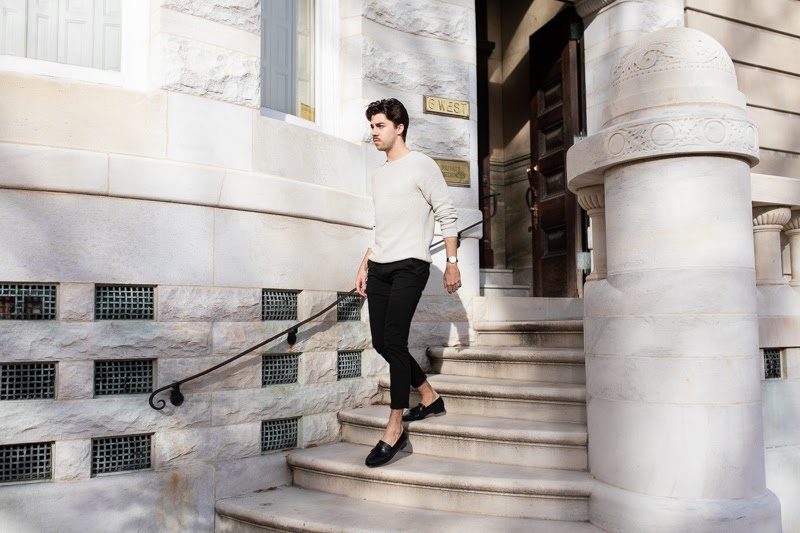 Johnston and Murphy loafers coming down steps whole outfit