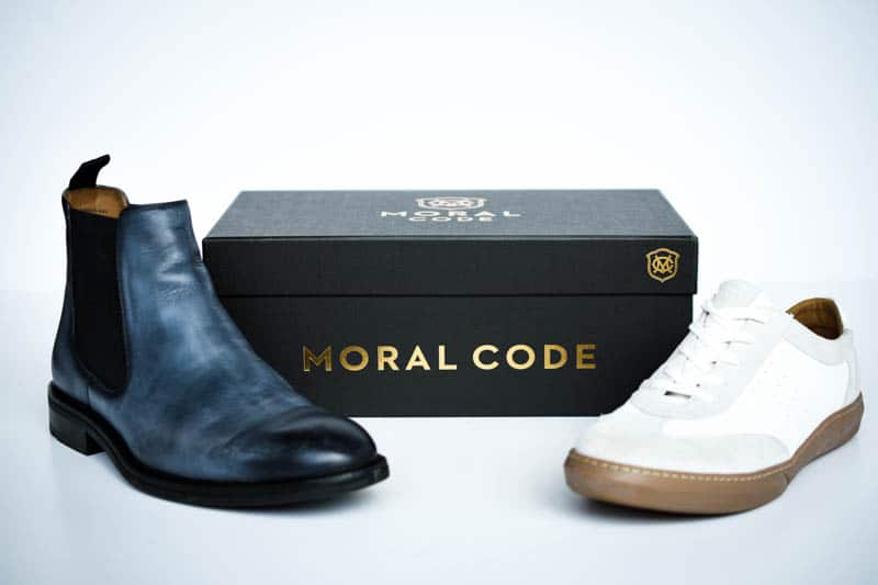 lawry chelsea boot and brooks leather trainer sneaker from moral code with black shoebox on white background