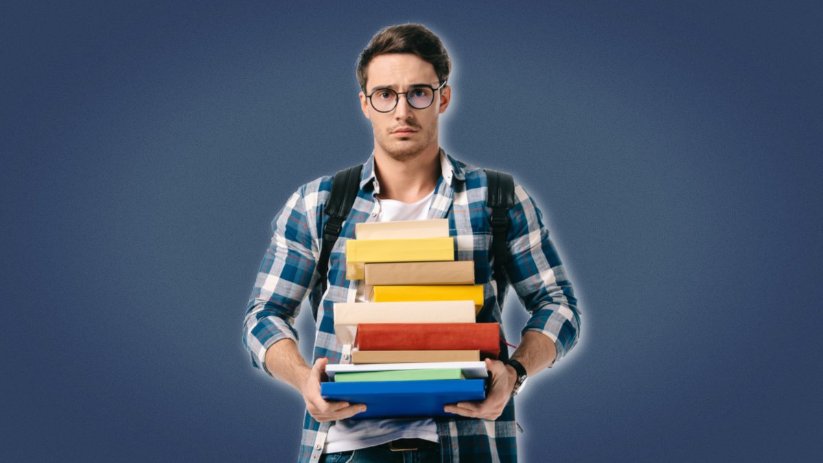Life Lessons for Men Student With Glasses and Backpack Holding a bunch of books