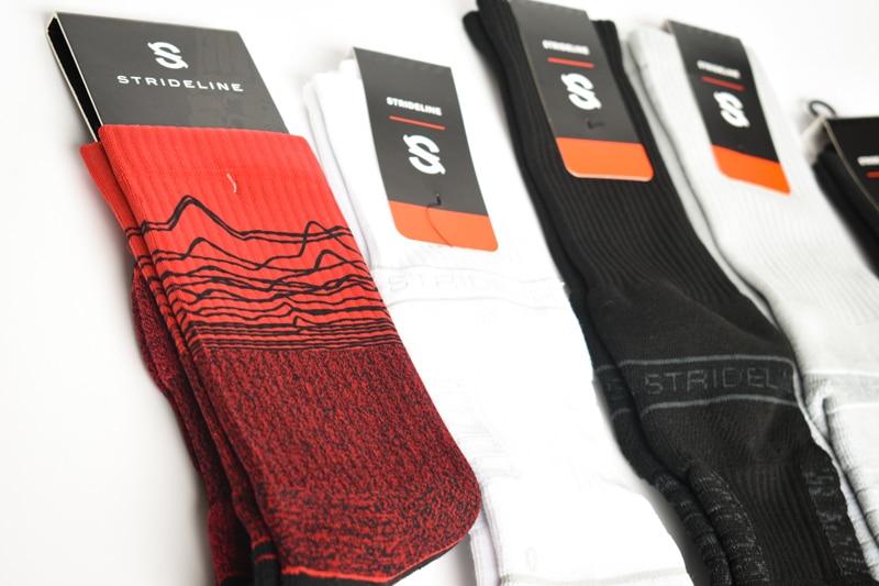 lineup of strideline offerings red ekg sock closeup