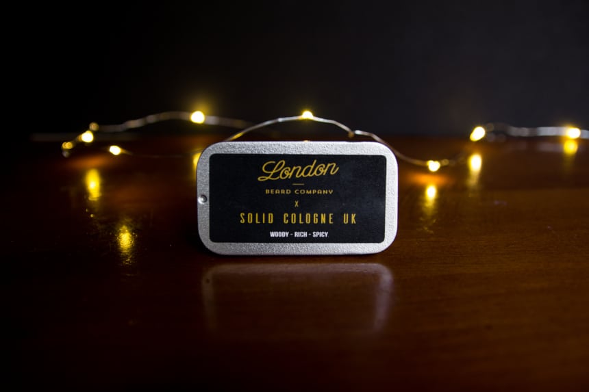 London Beard Company Solid Cologne from The Personal Barber Subscription Box On Its Side