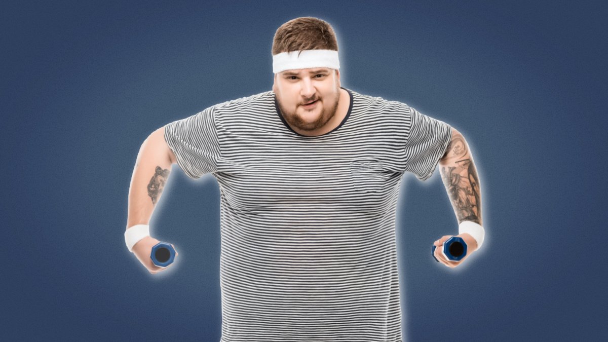 Man Boobs Overweight man with headband lifting dumbbells