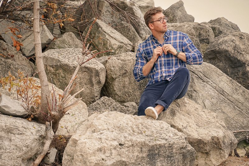 Man in Johnnie O clothes on rocks