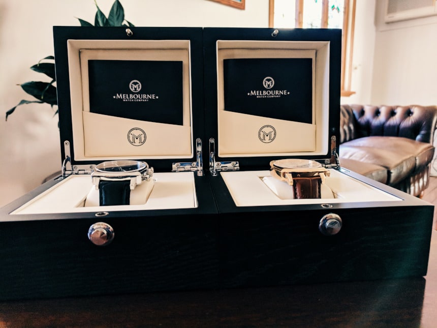 Melbourne Watch Company boxes next to each other Carlton Classic Rose and Black
