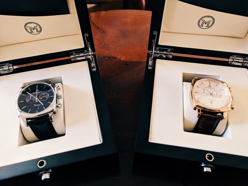 Melbourne Watch Company Carlton Classic Rose and Black next to each other in boxes