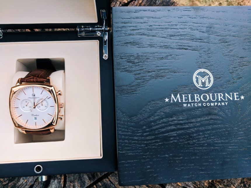 Melbourne Watch Company Carlton Classic Rose in box with closed box next to it