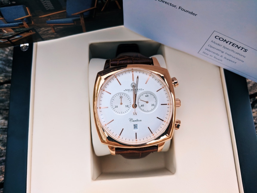 Melbourne Watch Company Classic Rose Dial Up Close in Box