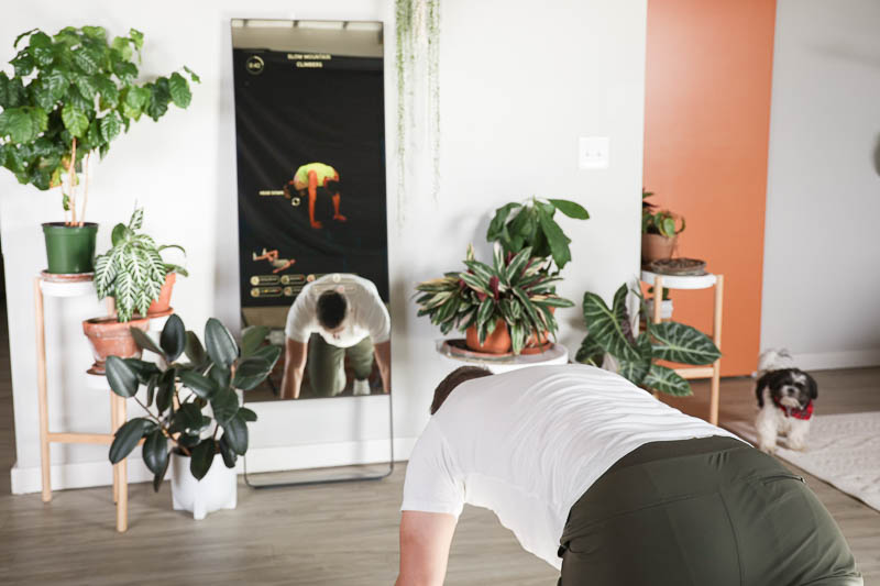 Mirror model doing pushups