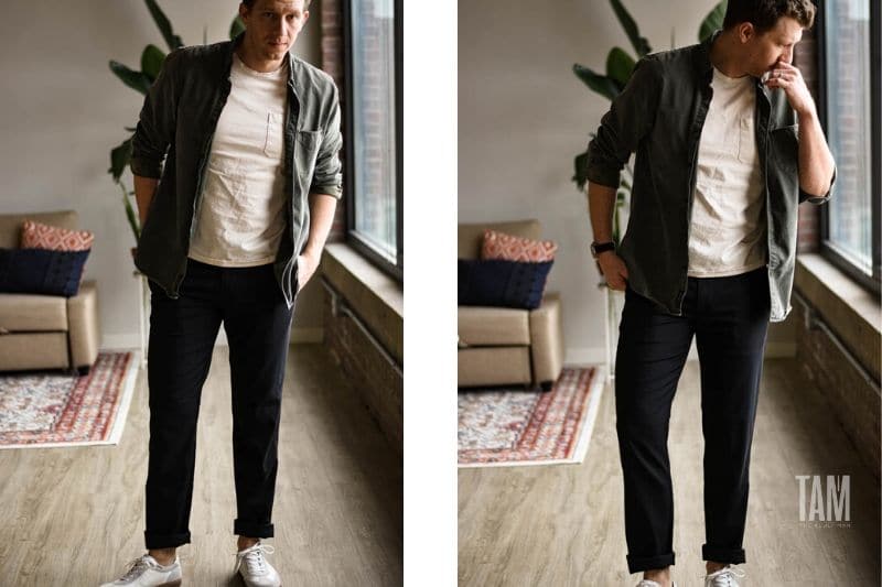 Mizzen and Main Cuffed black performance chinos with white sneakers