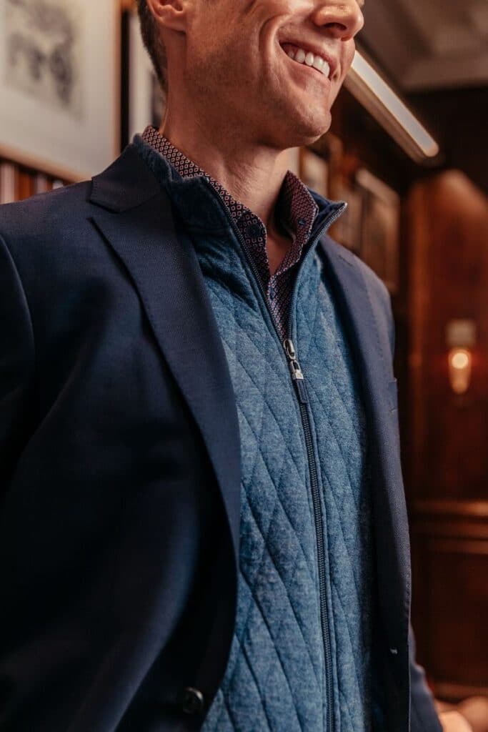 Mizzen and Main Vest Under Blazer Man Close Up