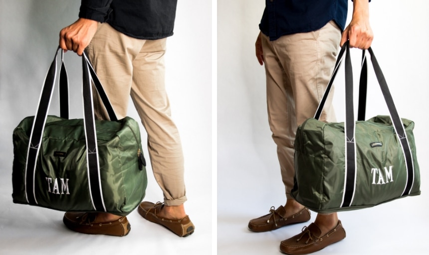 Model Holding Paravel Safari Green Fold-Up Bag in Grid and Moving Forward Side Angles