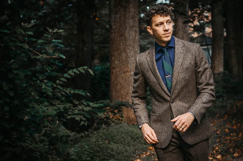 model in brown english wool JCrew Ludlow unstructured suit